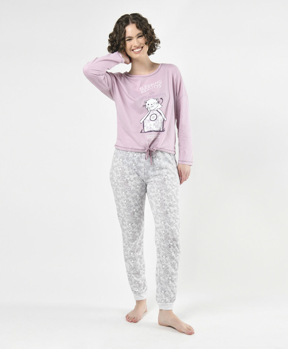 Pijama mujer floreado y gatito