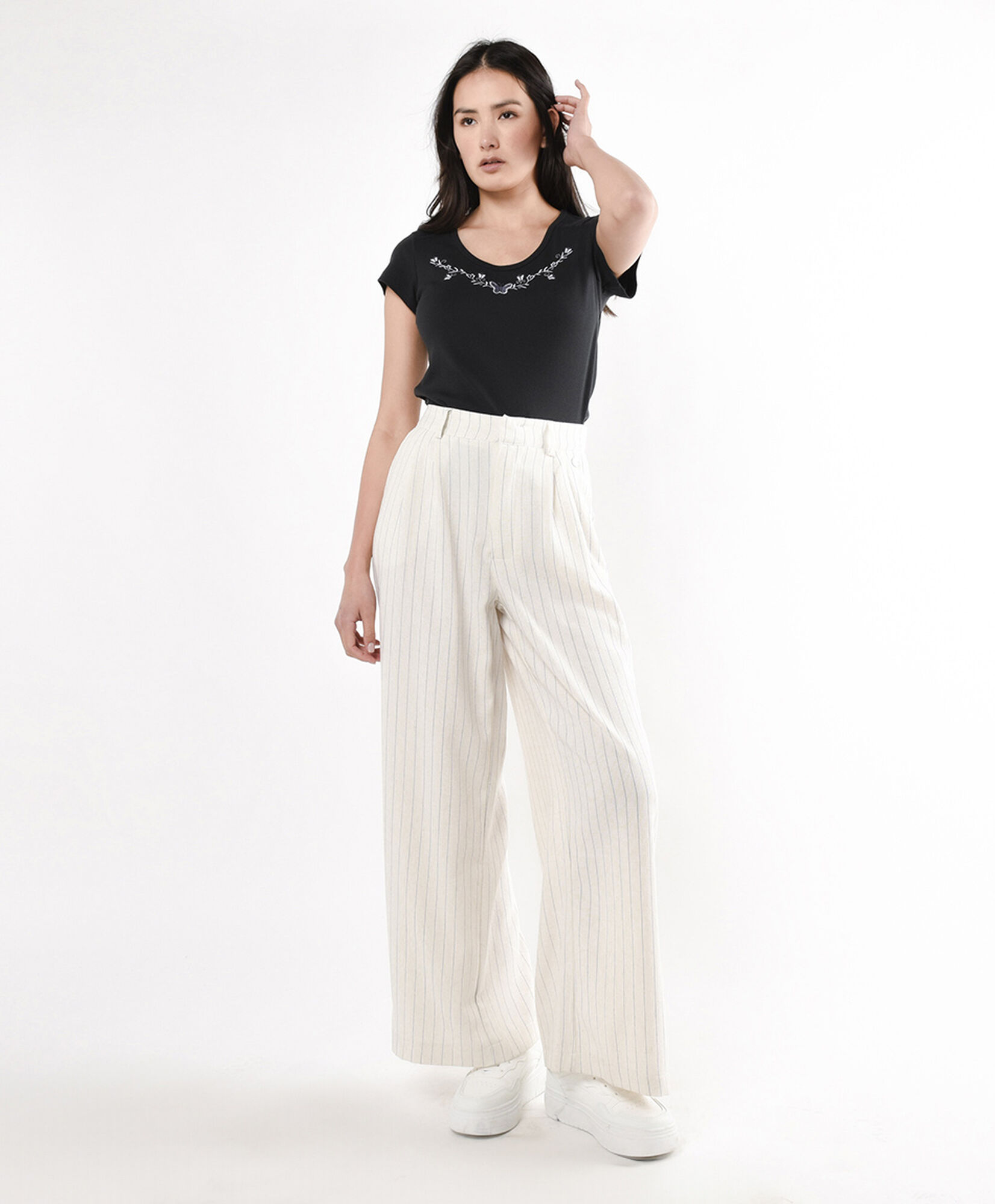 Pantalón mujer líneas lino wide Pantalón mujer líneas lino wide