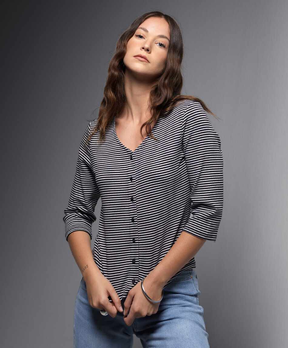 Polera mujer rayas abotonada