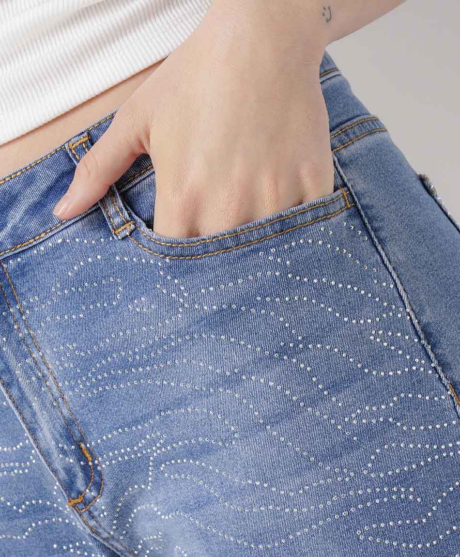 Jeans mujer wide leg dise&ntilde;o brillos