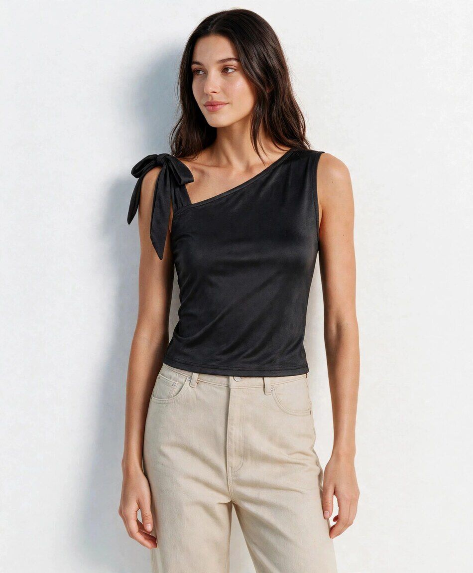 Polera mujer asim&eacute;trica lazo negra