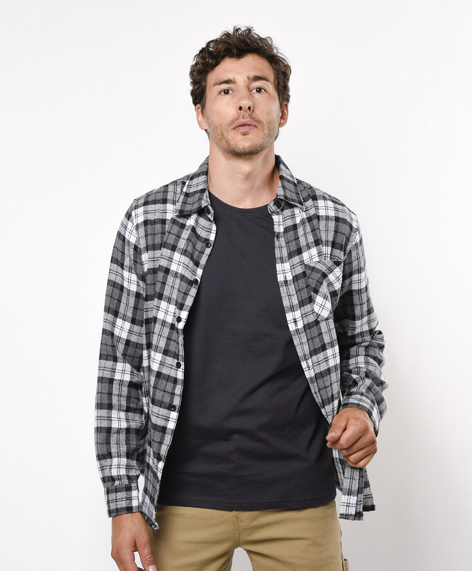 Camisa hombre franela gris y blanco TRICOT