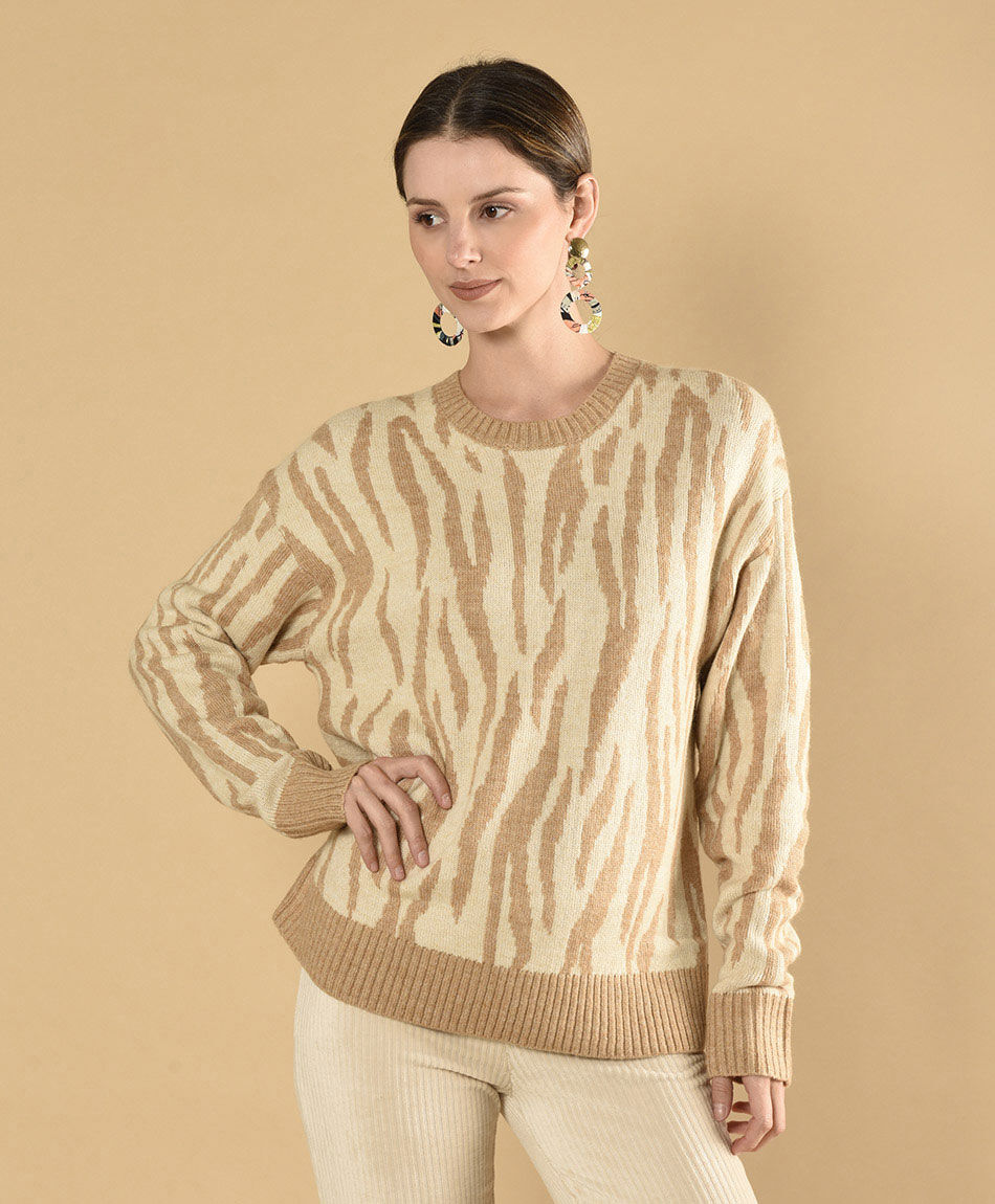 Sweater jacquard cebra cuello redondo