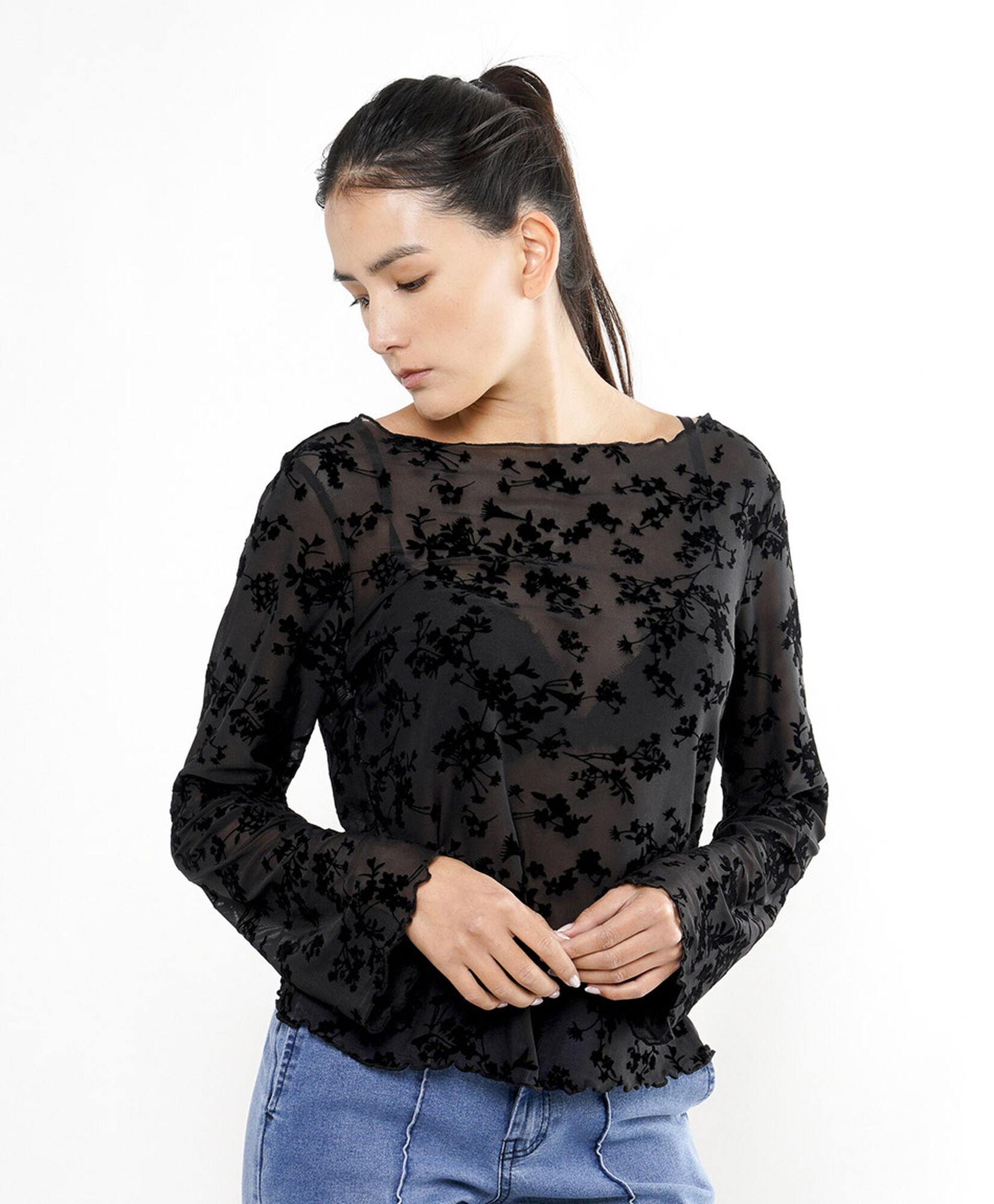 Polera mujer transparente ramitas Polera mujer transparente ramitas