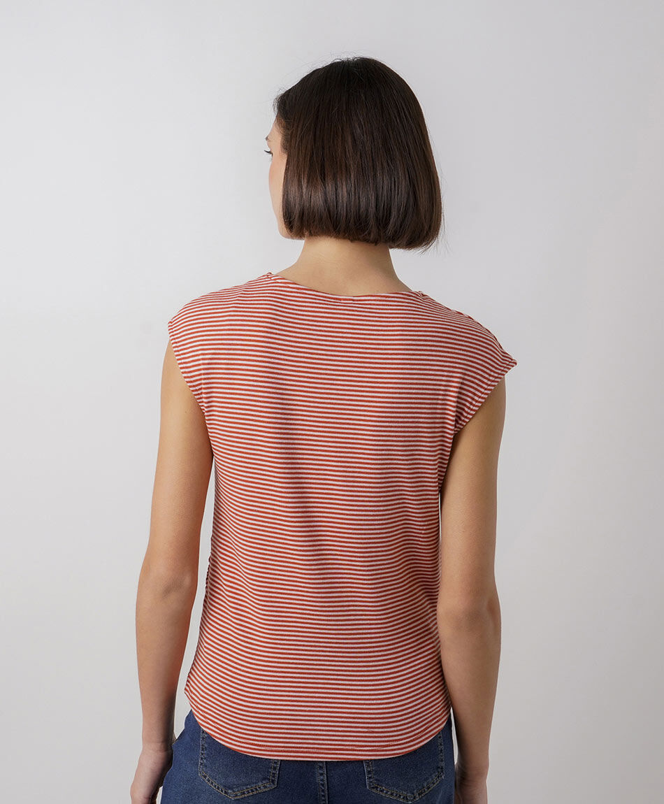 Polera mujer listada manga mini roja
