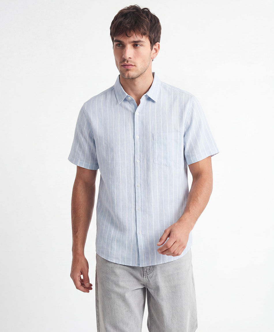 Camisa hombre l&iacute;neas lino celeste