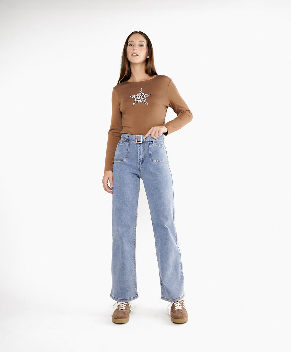 Jeans mujer wide leg corte recto cl&aacute;sico