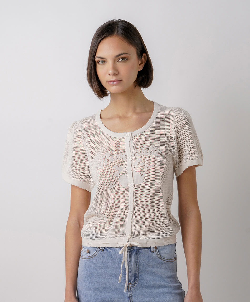 Cardigan mujer calado lazo beige