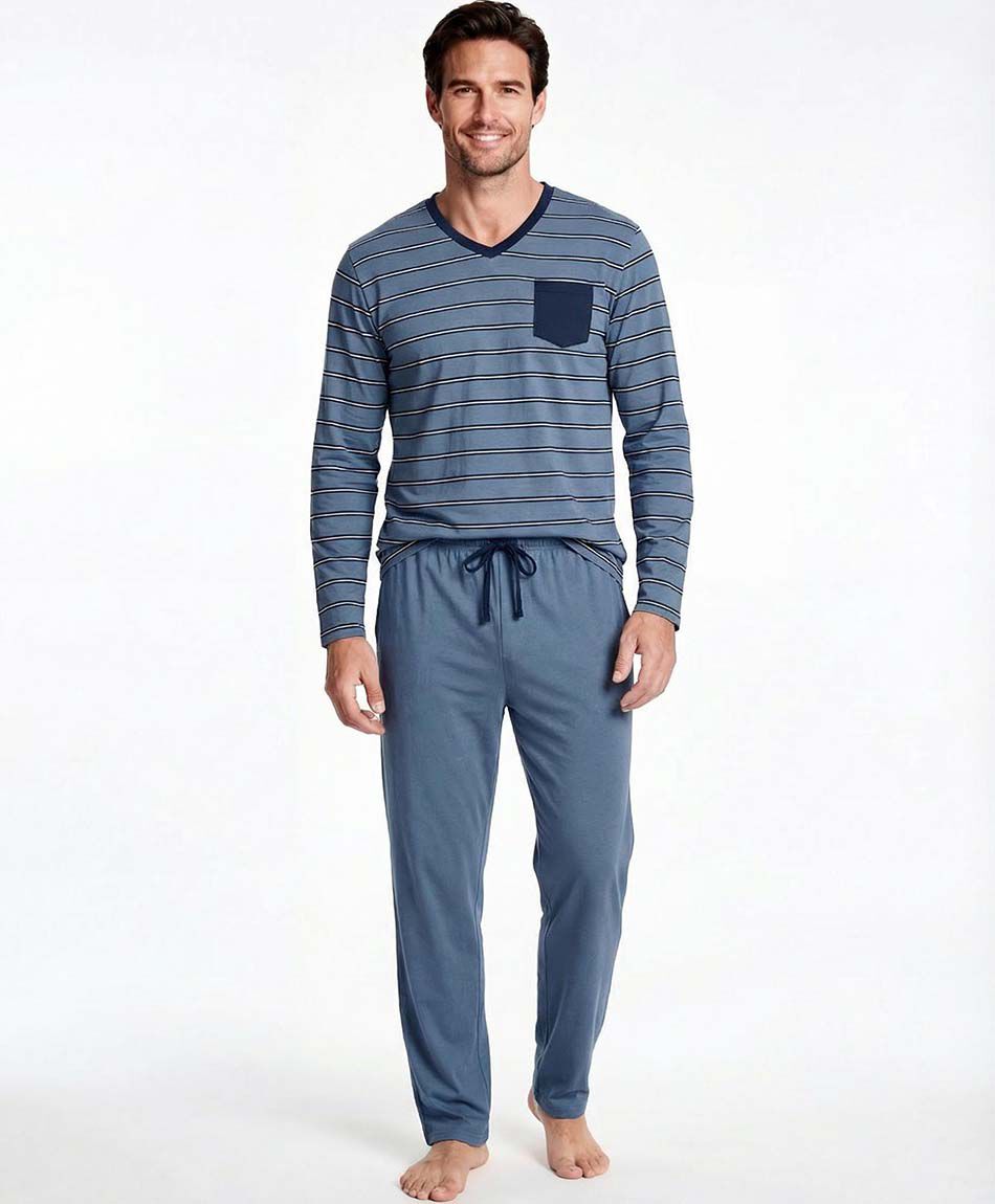 Pijama hombre cuello v lineas blue