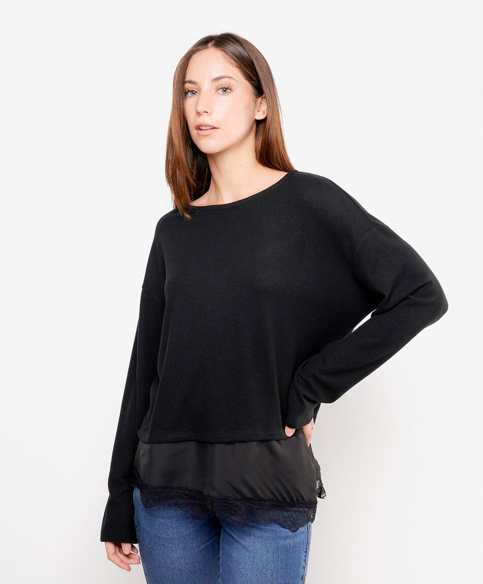 Polera mujer detalle basta encaje negra