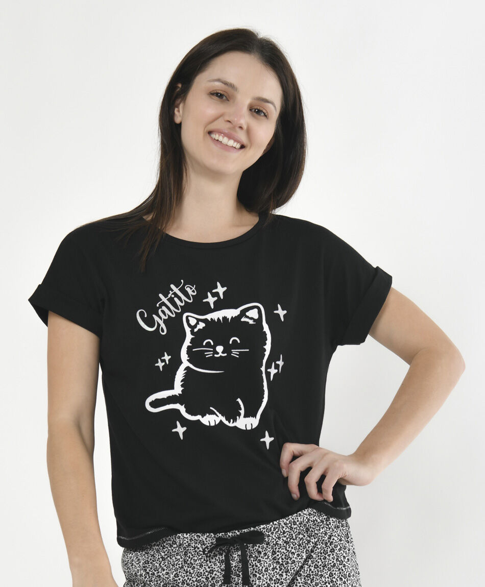 Pijama mujer bicolor gatito 2 piezas