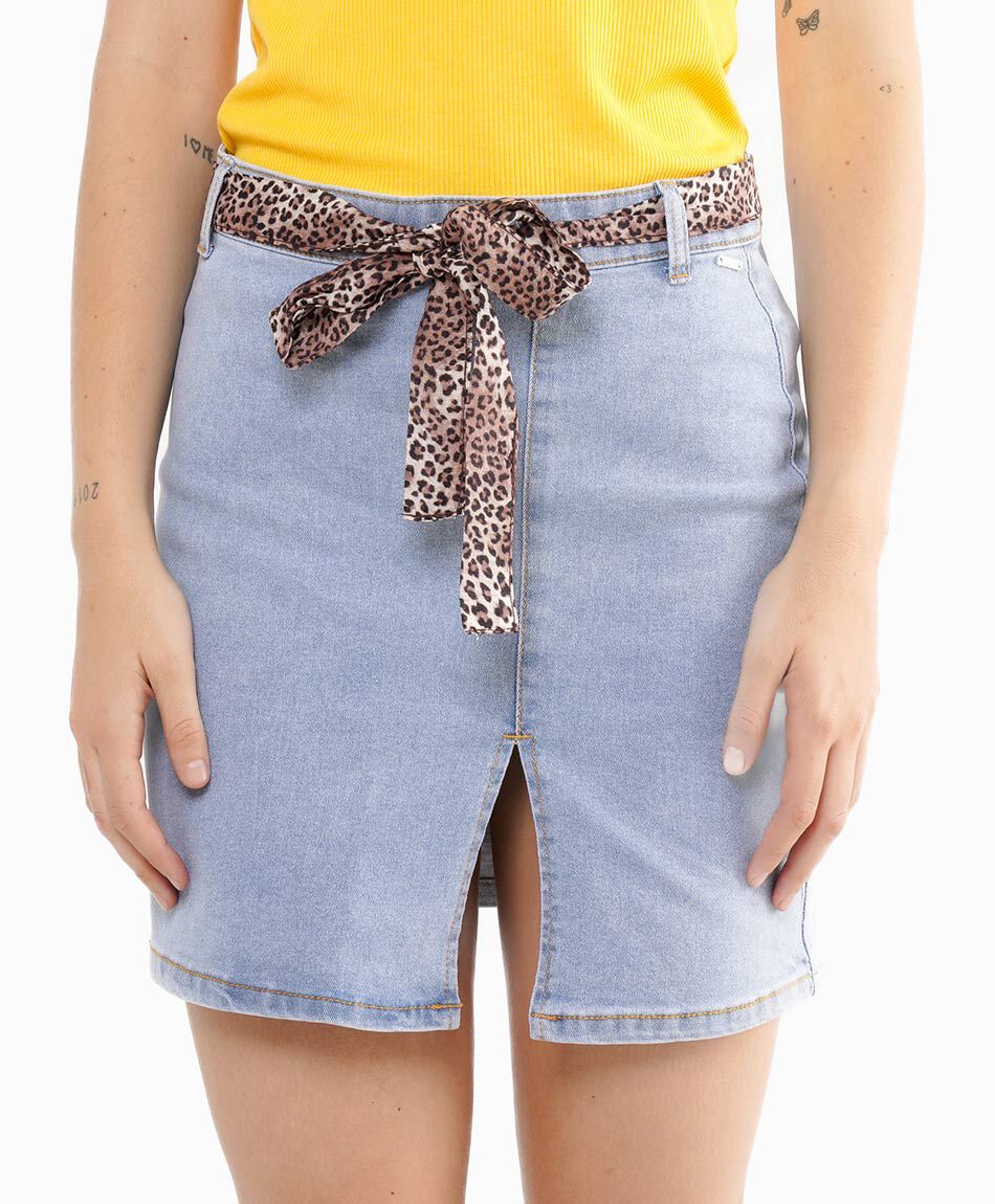 Mini falda mujer denim cintur&oacute;n animal print