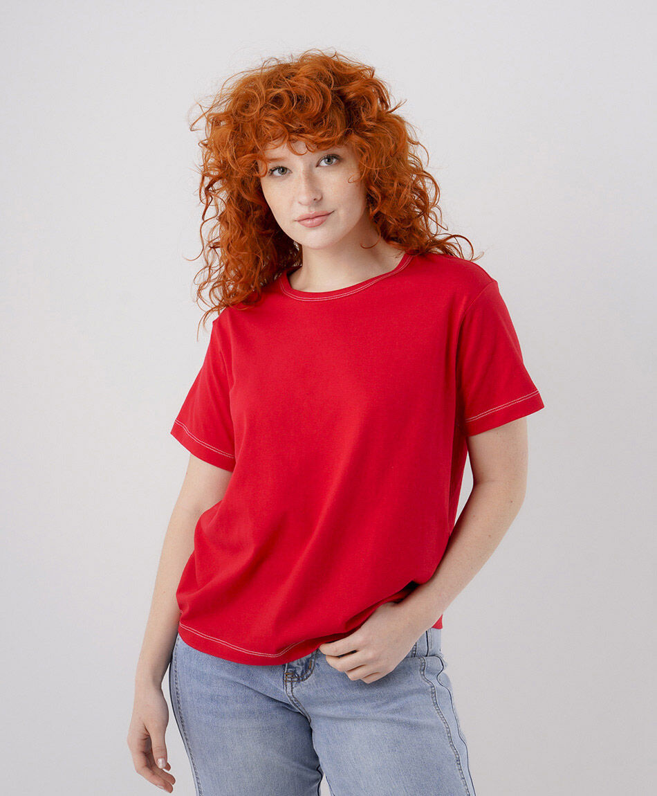 Polera mujer roja l&iacute;neas manga