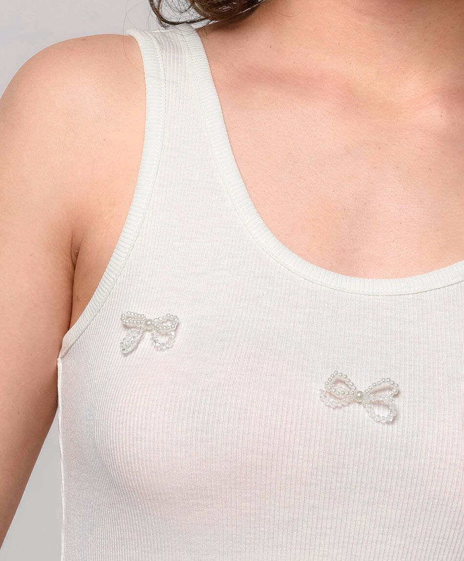 Polera mujer top cintas perlas blanca