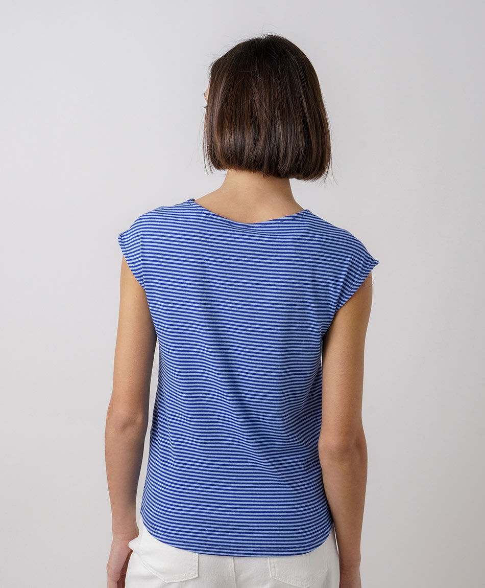 Polera mujer listada manga mini azul