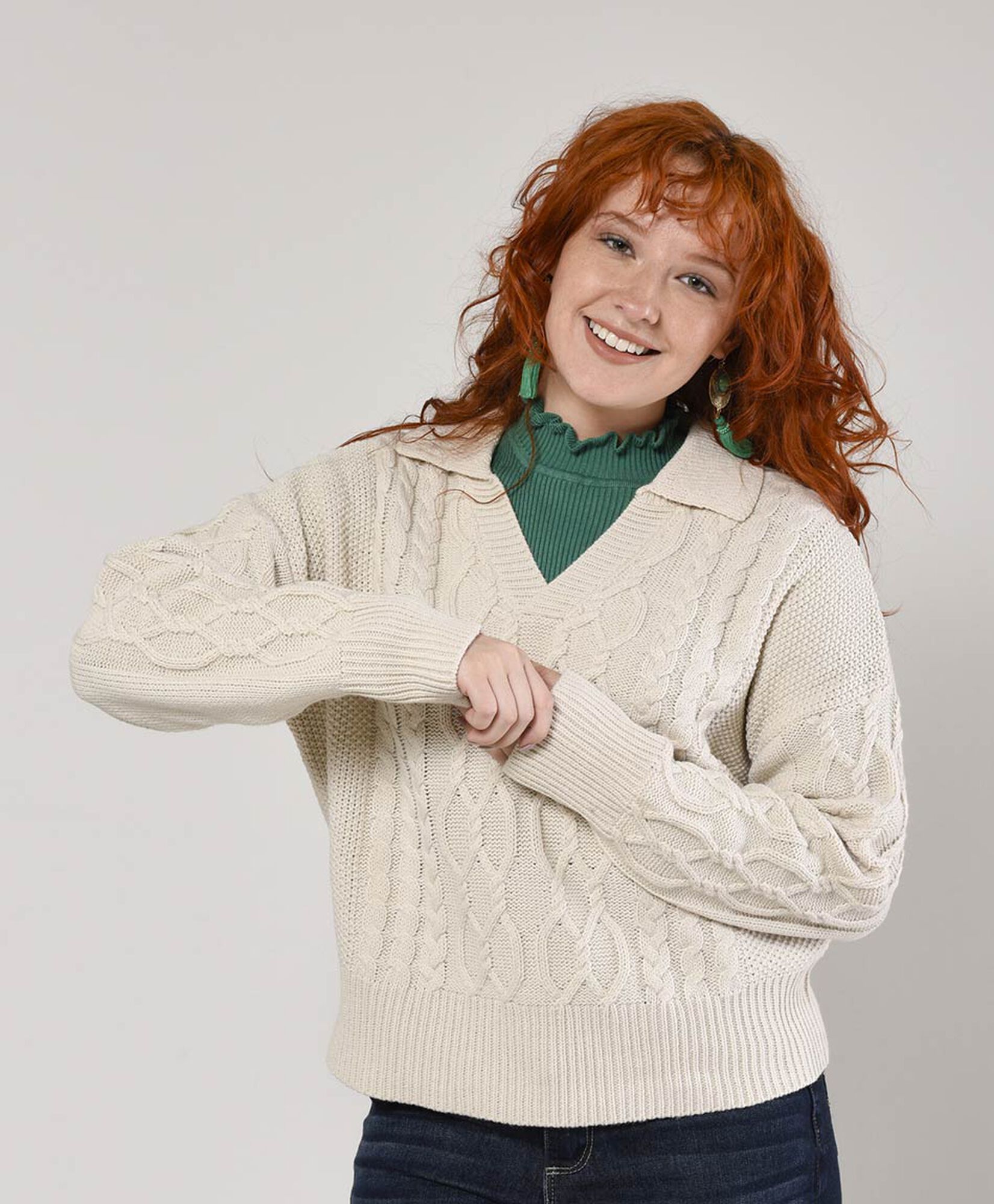 Sweater mujer trenzado cuello camisero Sweater mujer trenzado cuello camisero