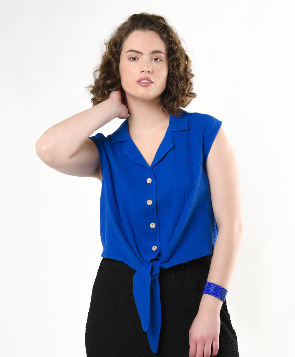Blusa mujer botones lazo azul