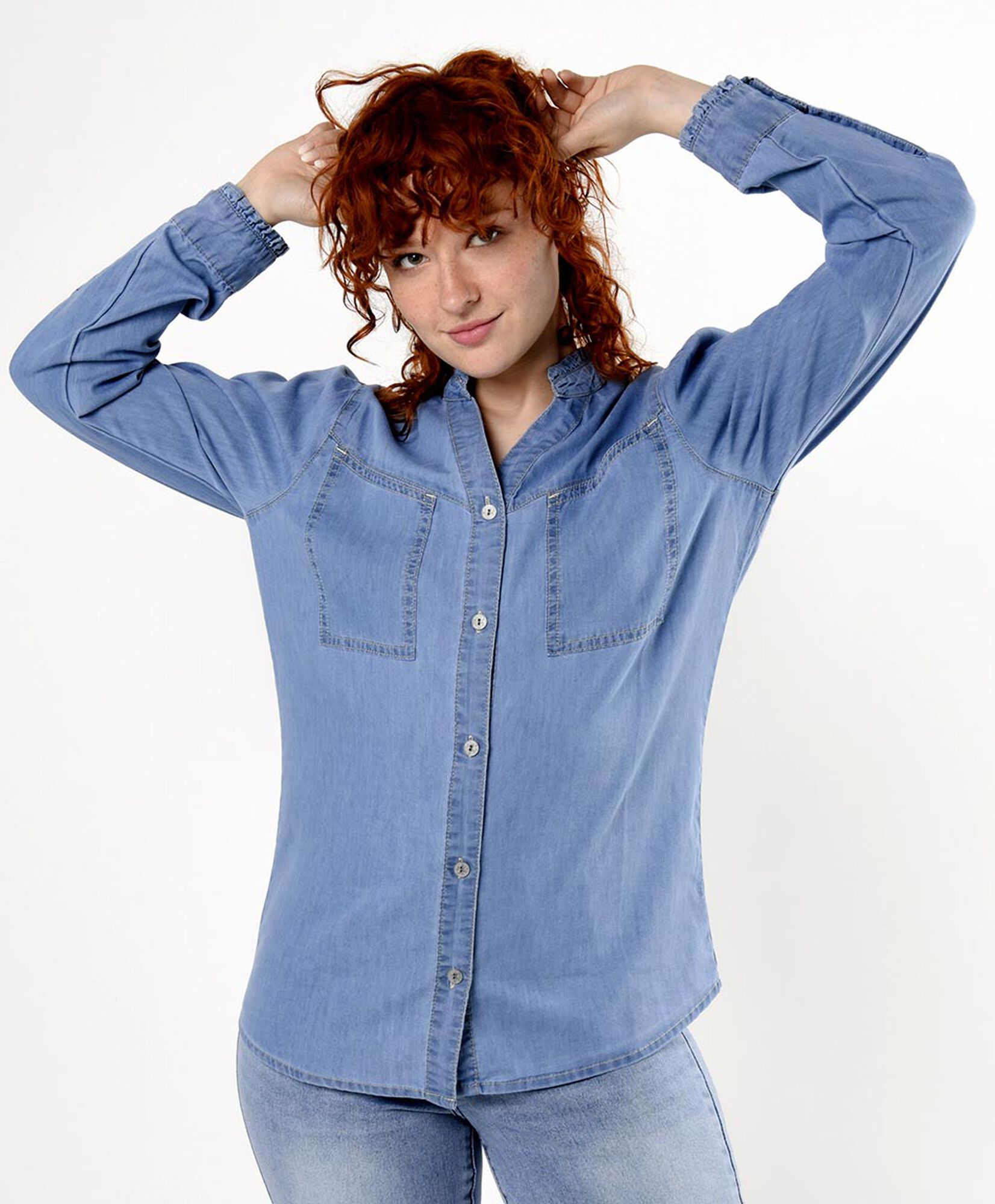 Blusa mujer denim cuello mao Blusa mujer denim cuello mao
