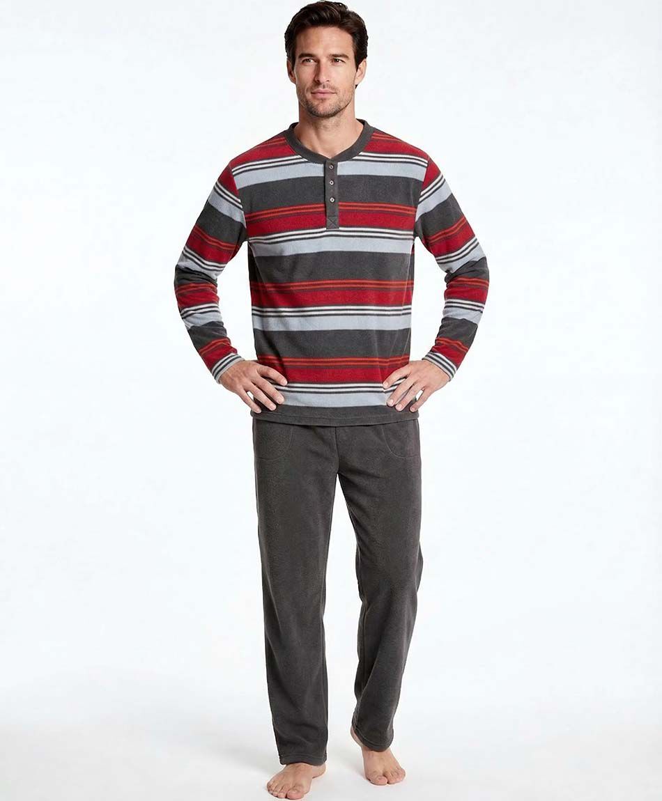 Pijama hombre polar l&iacute;neas grises rojas