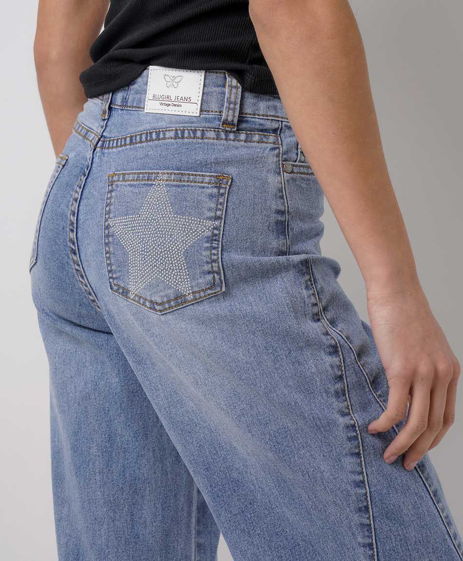 Jeans mujer wide leg estrella met&aacute;lica