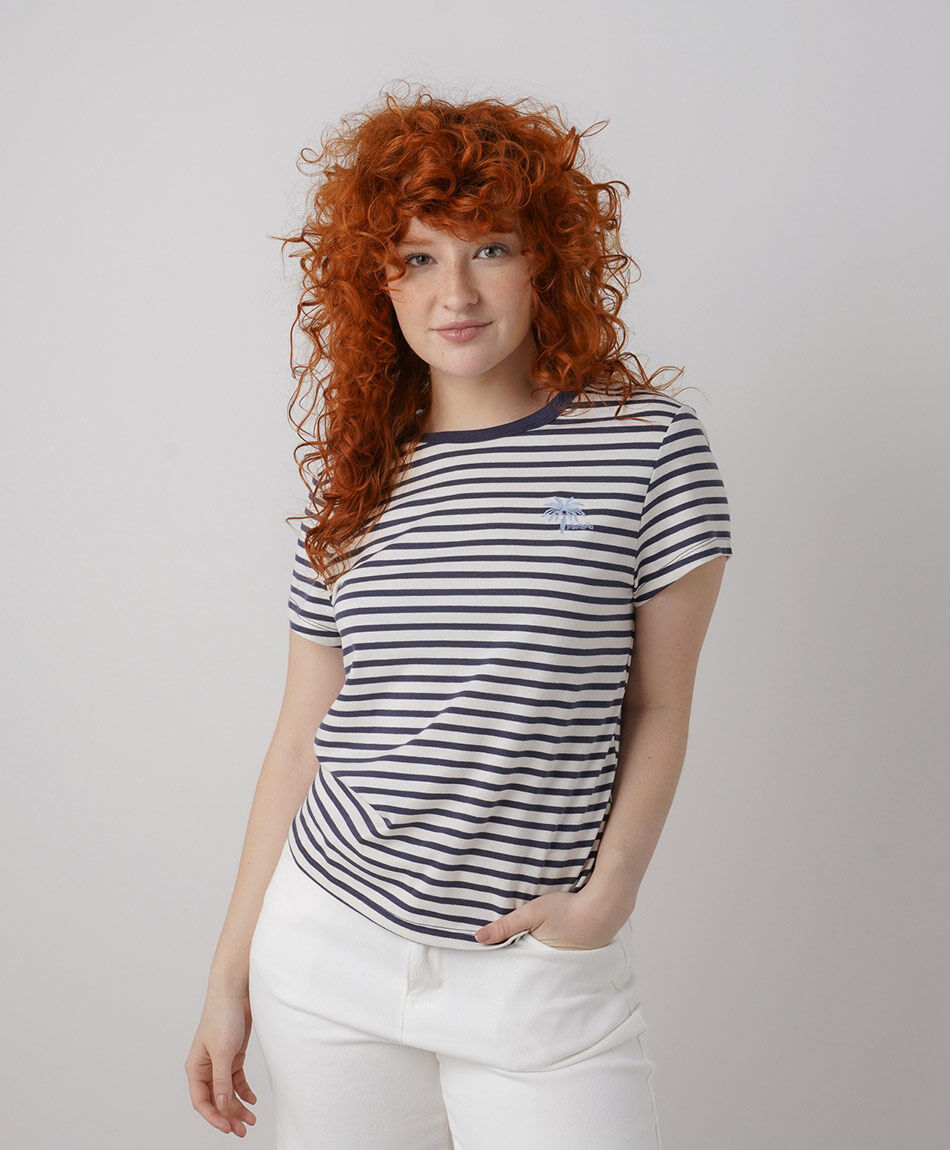 Polera mujer listas palmera bordada