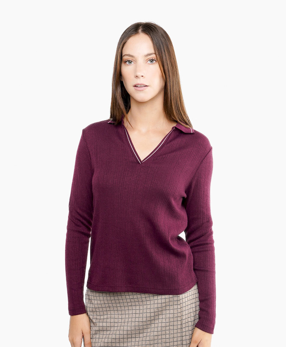 Polera mujer cuello polo burdeo