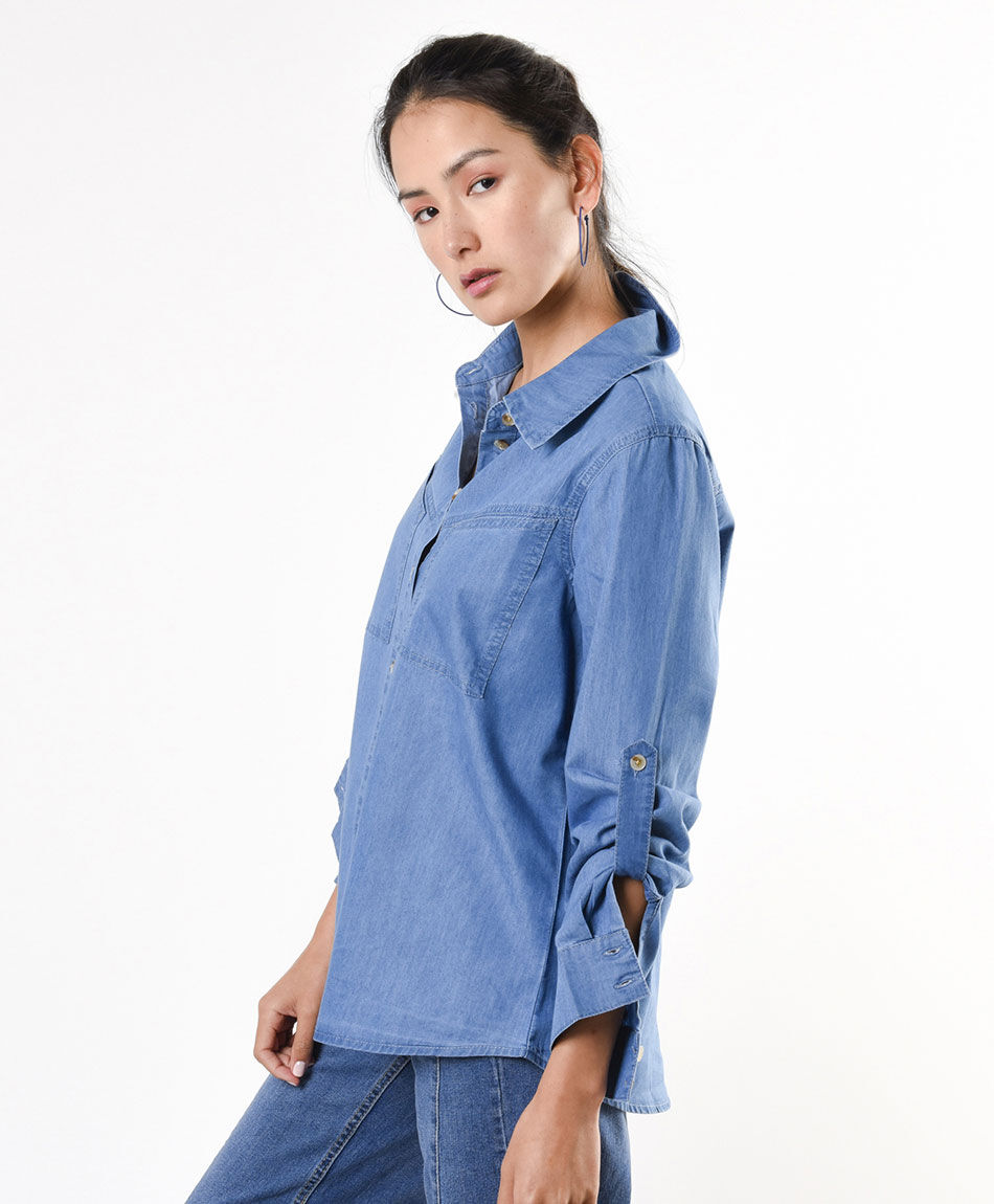 Blusa mujer denim bolsillos superiores