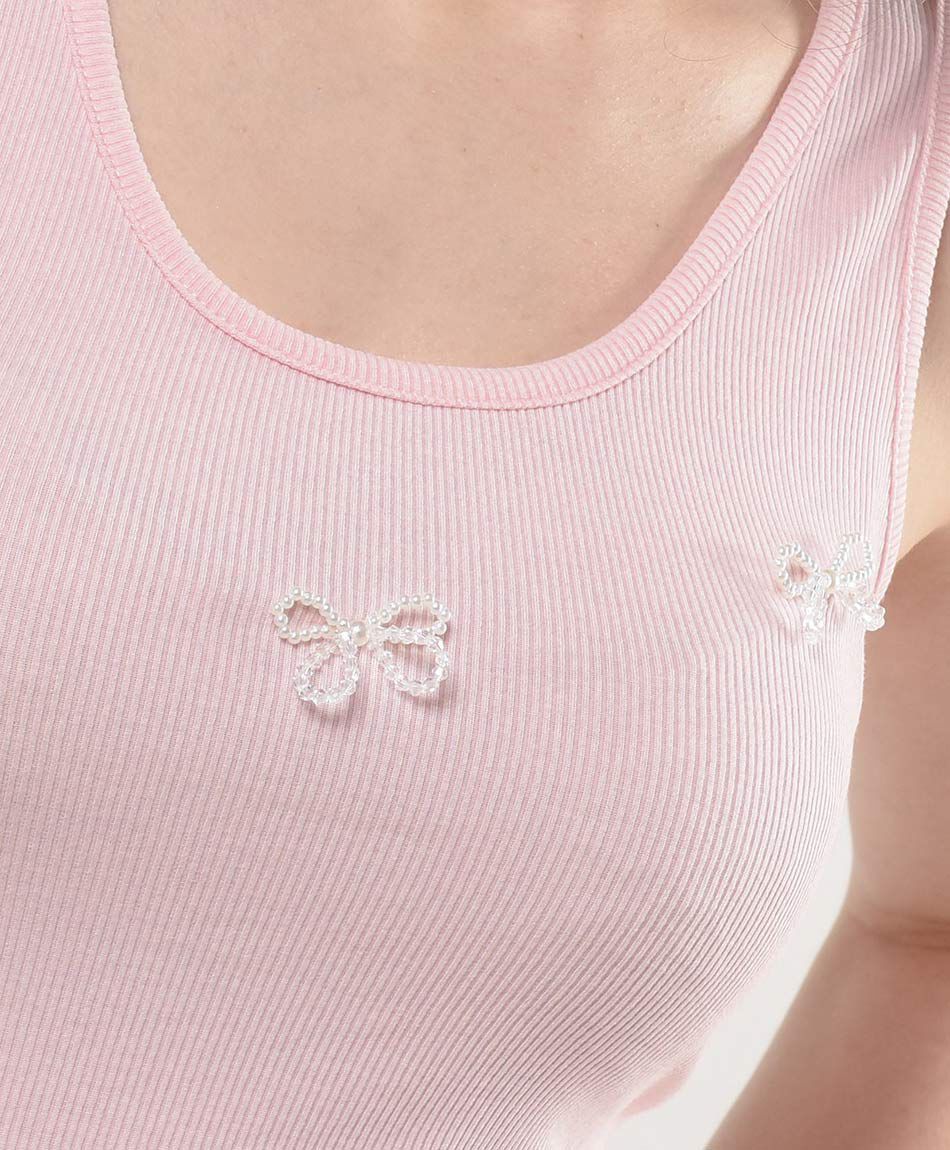 Polera mujer top cintas perlas rosada