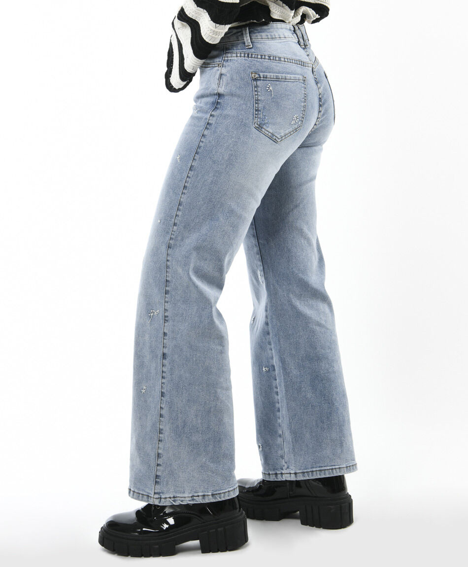 Jeans mujer flores bordadas wide
