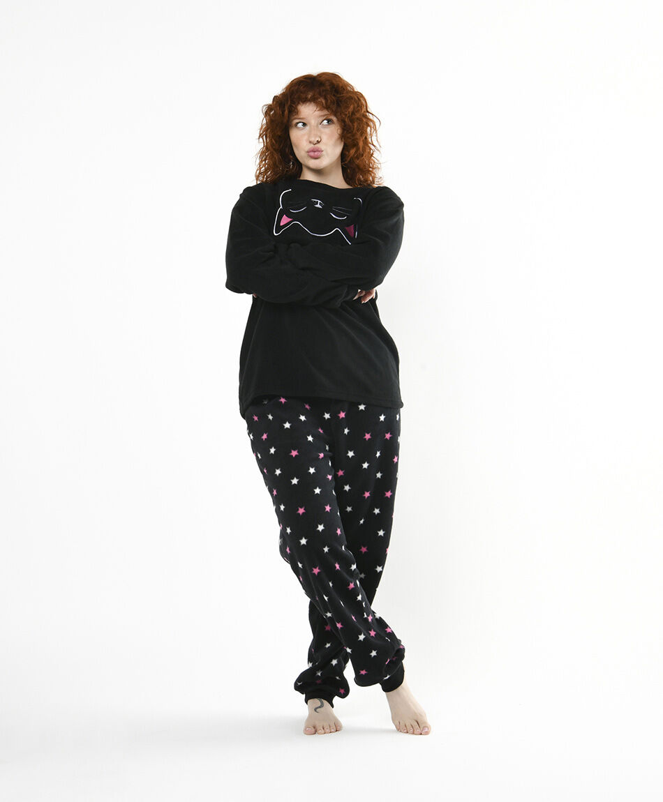 Pijama mujer polar gato negro estrellas