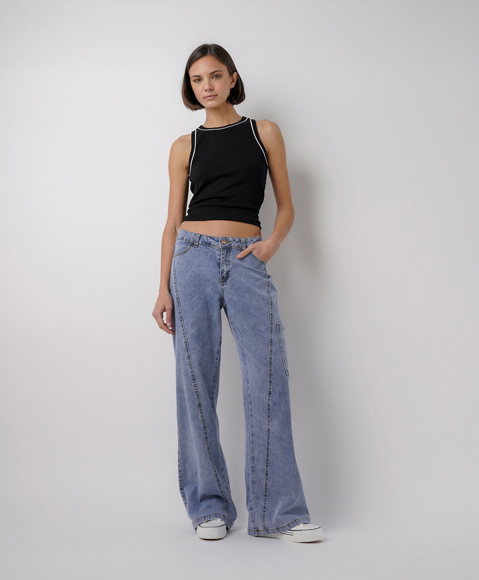 Jeans mujer wide leg costuras bolsillo
