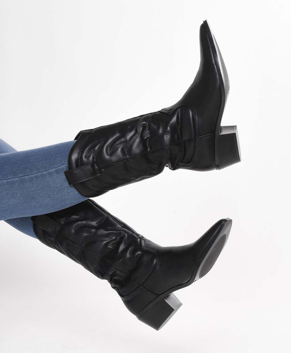 Bota mujer vaquera costuras taco cuadrado