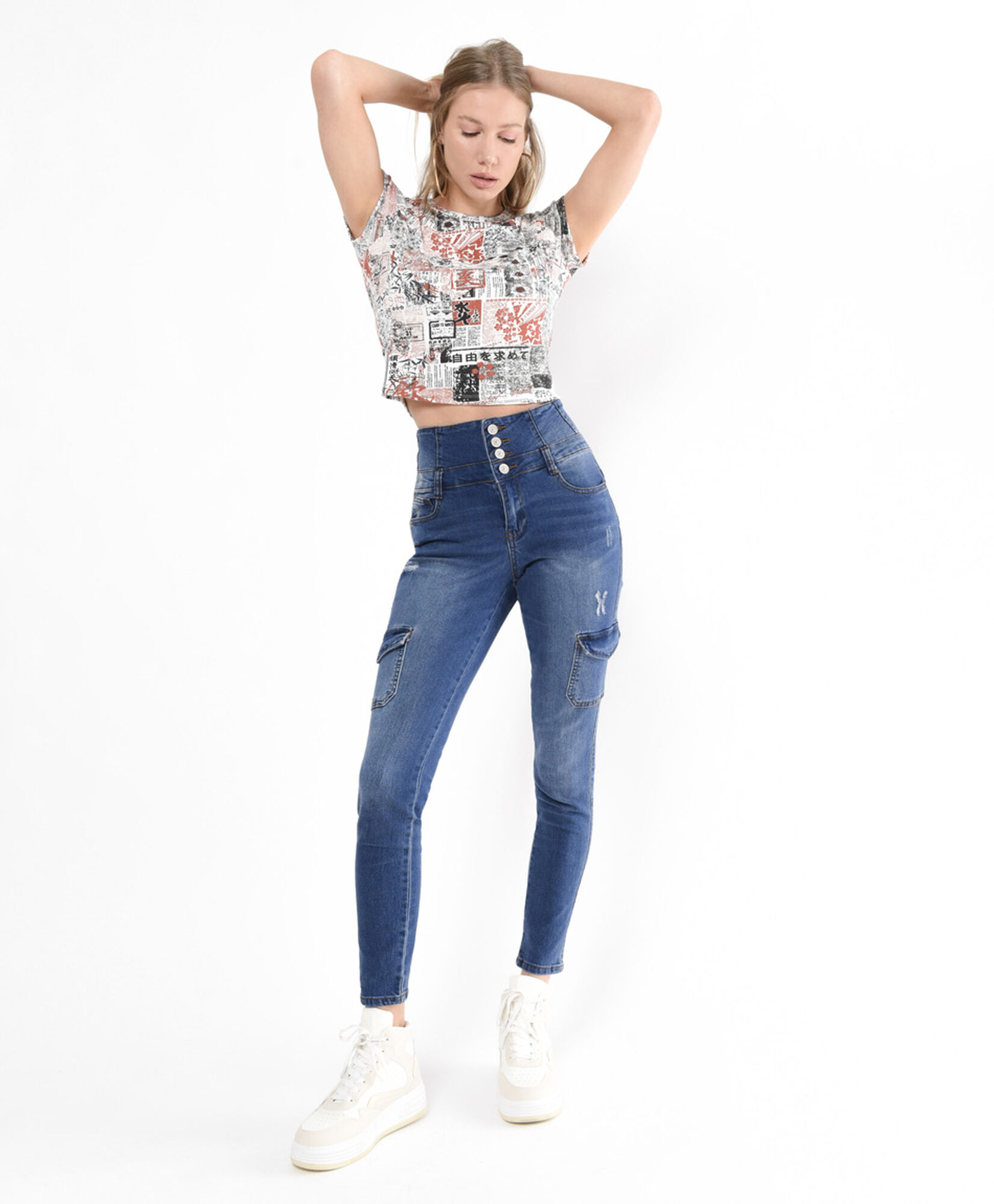 Jeans mujer cargo pretina ancha skinny fit Jeans mujer cargo pretina ancha skinny fit