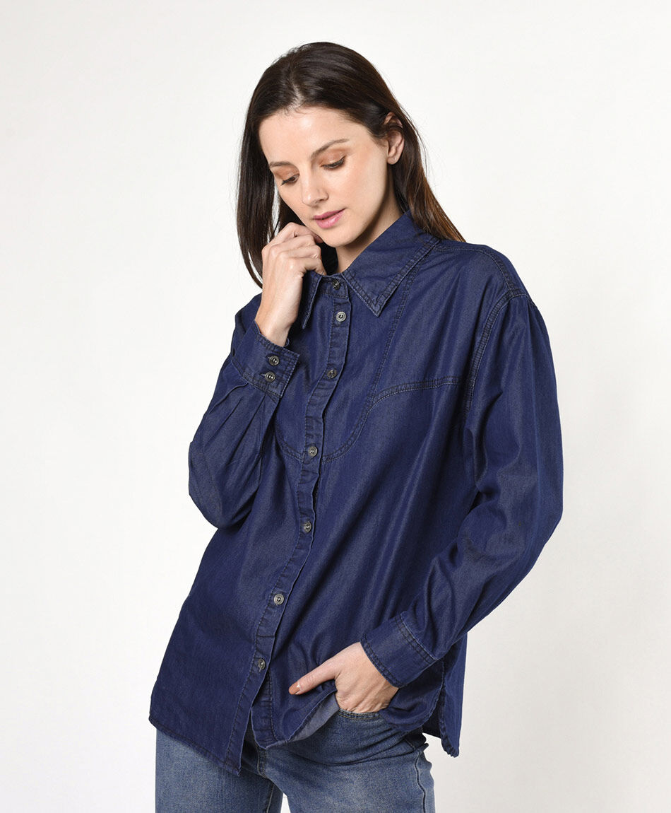 Blusa mujer denim costuras