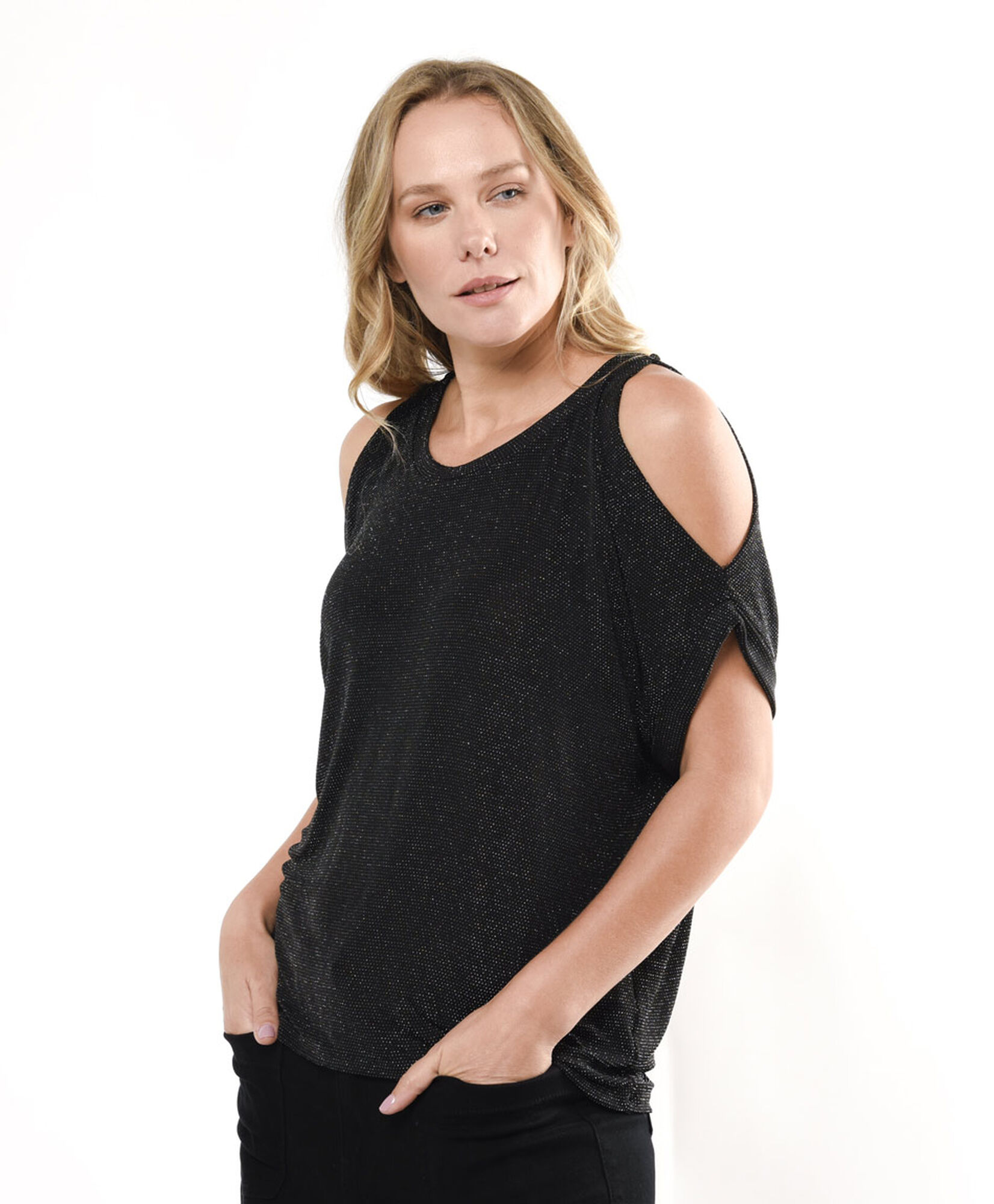 Polera mujer hombro abierto lurex Polera mujer hombro abierto lurex