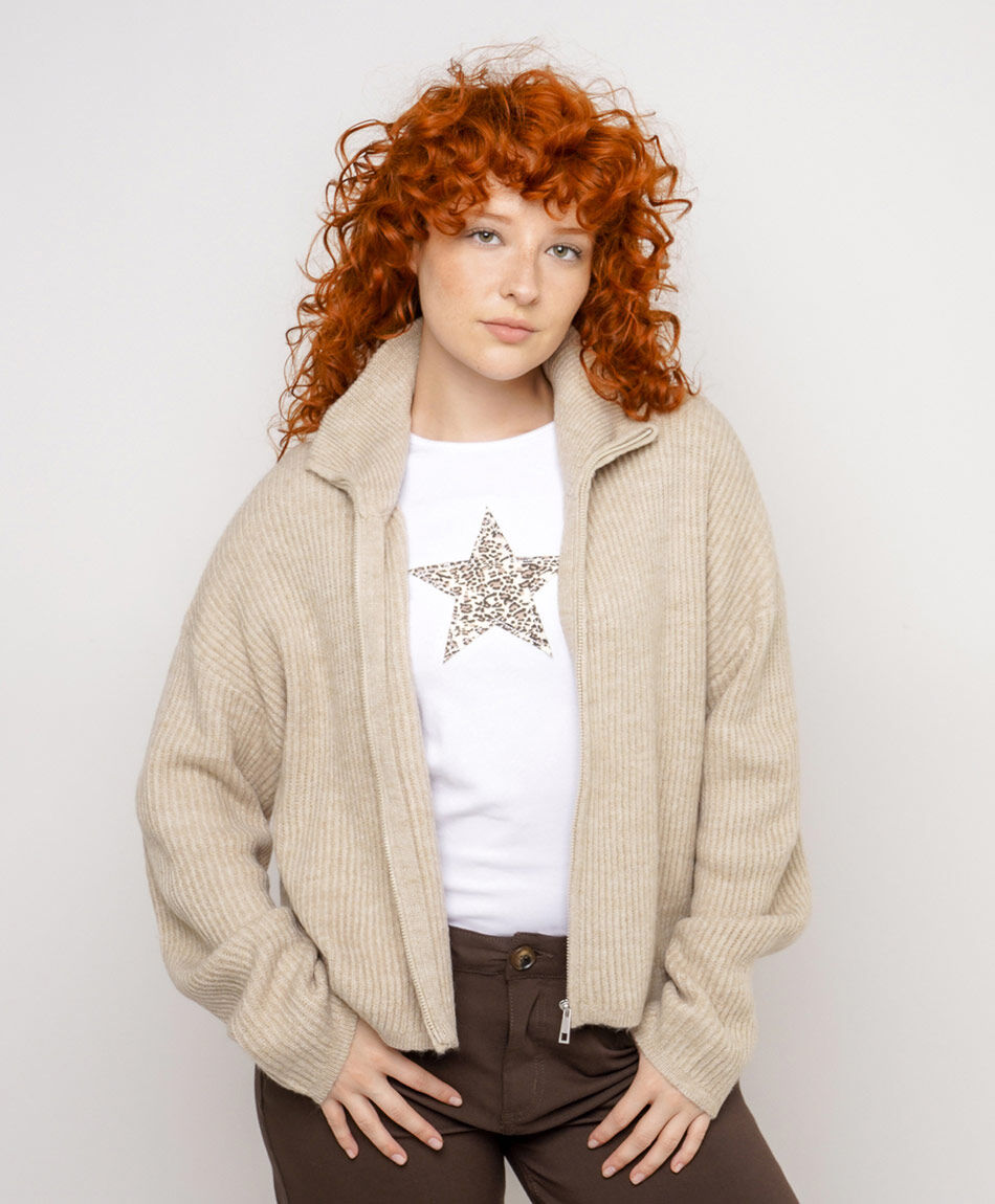Sweater mujer con cierre canela