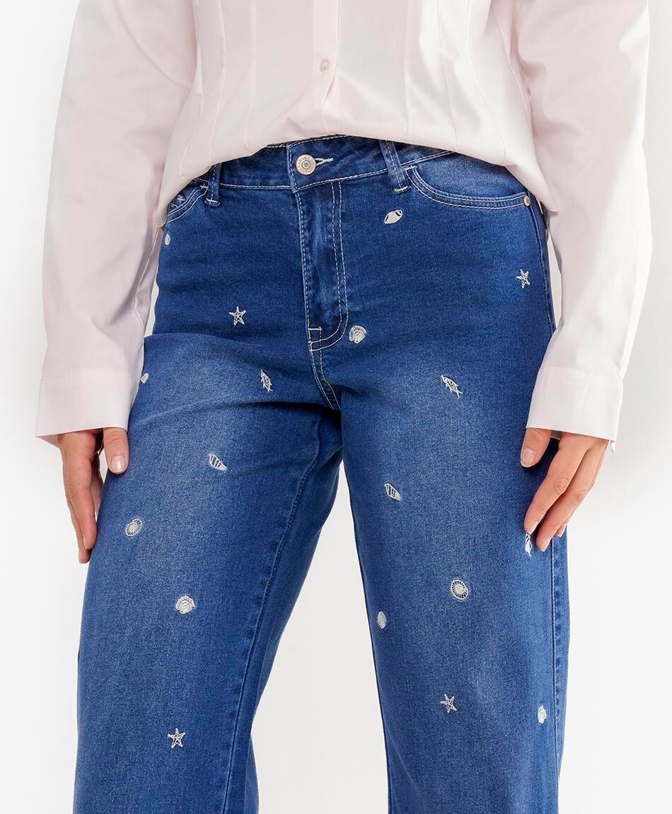 Jeans mujer wide leg bordado frontal