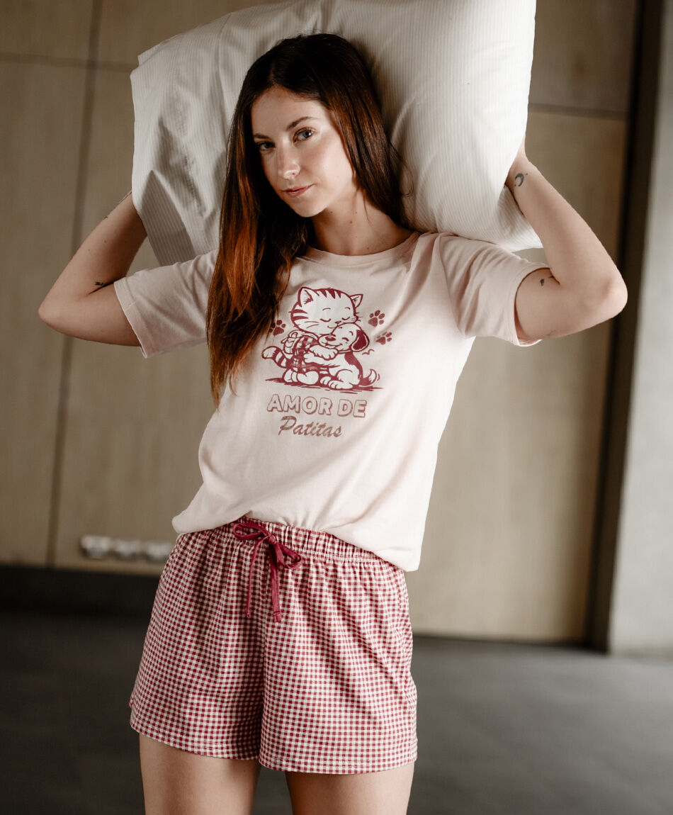 Pijama mujer short gato perro cuadritos