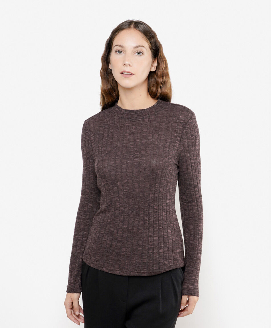 Polera mujer acanalada melange caf&eacute;