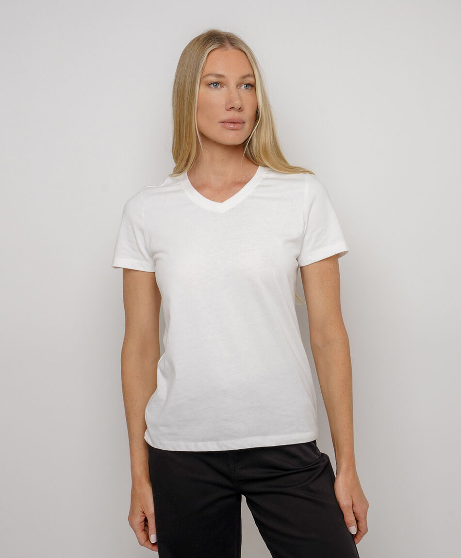 Polera mujer b&aacute;sica blanca cuello en v