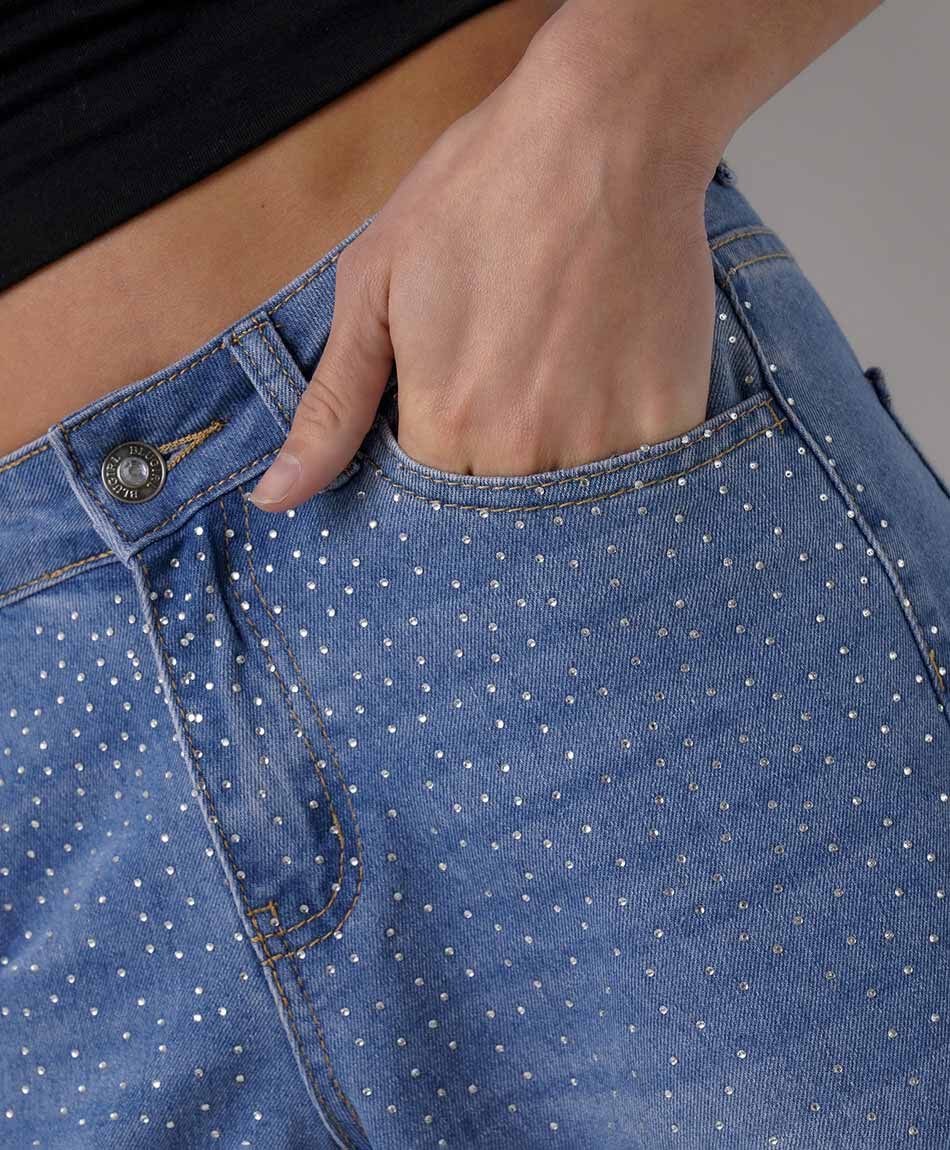 Jeans mujer wide leg brillos superior