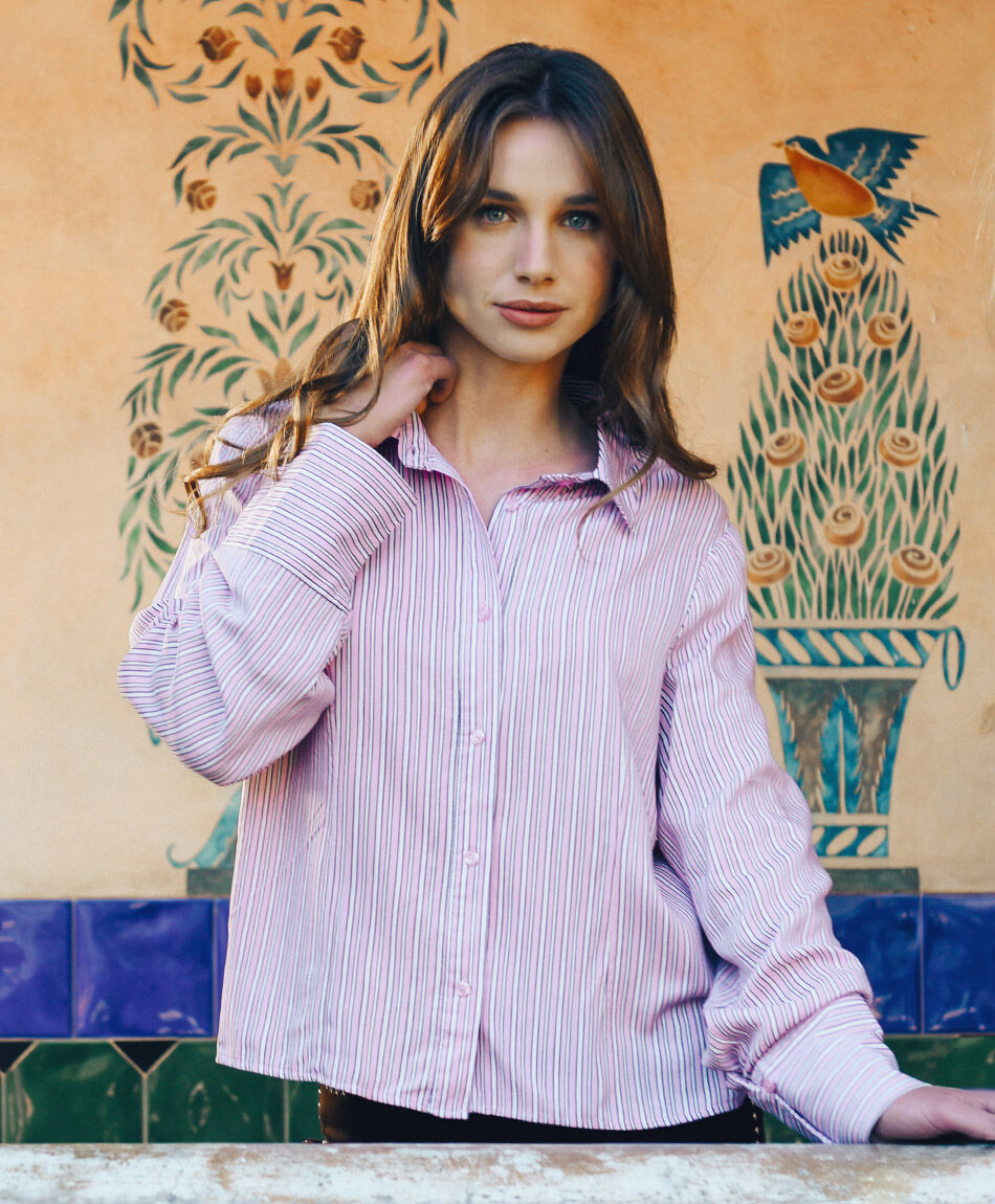 Blusa mujer l&iacute;neas manga ancha rosada