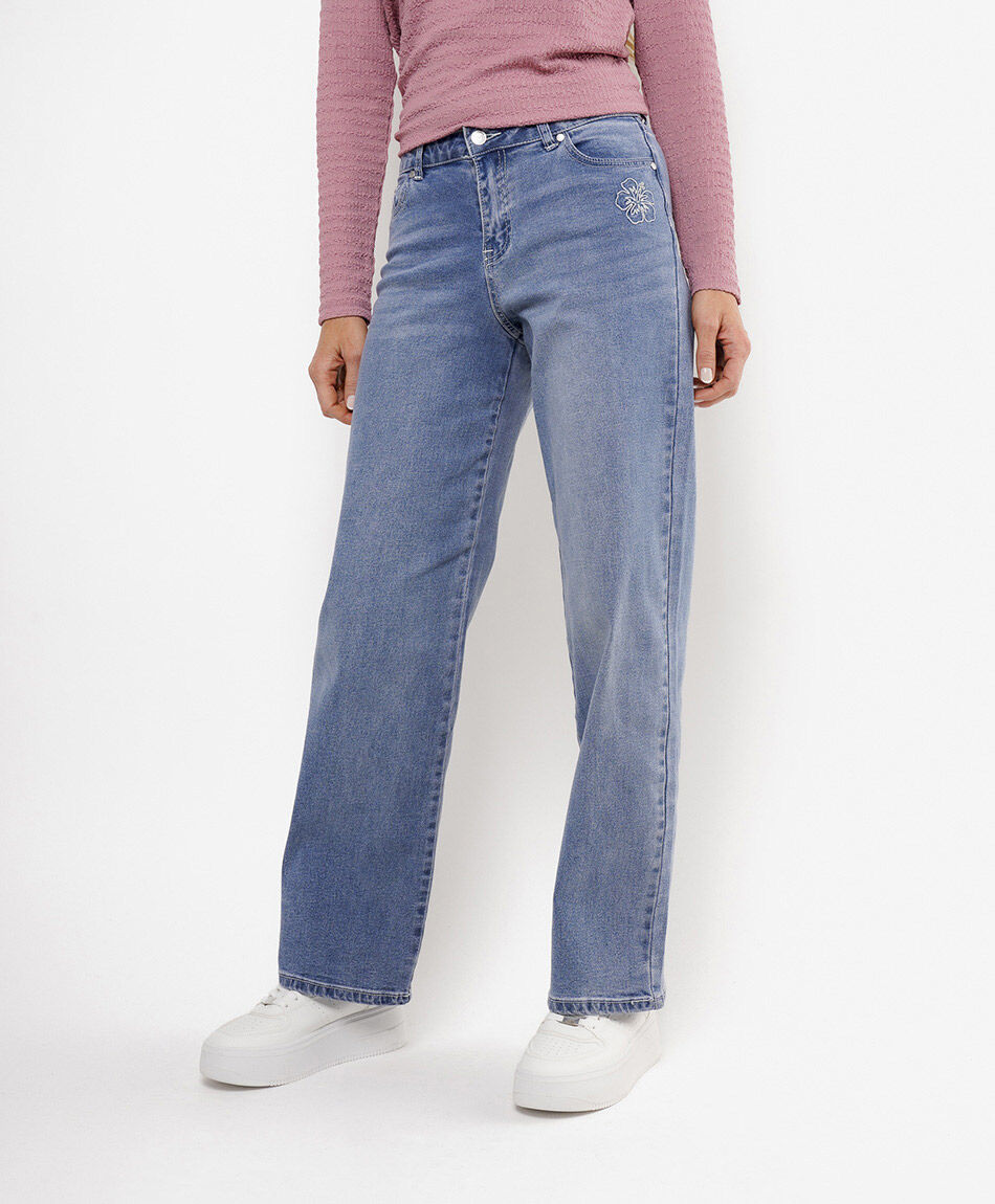 Jeans mujer straight orqu&iacute;dea bordada