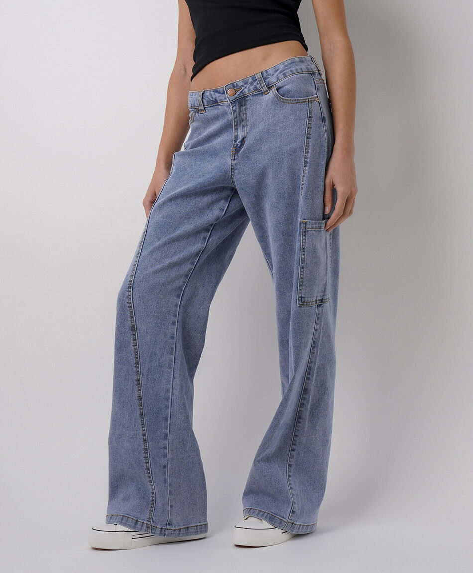 Jeans mujer wide leg costuras bolsillo