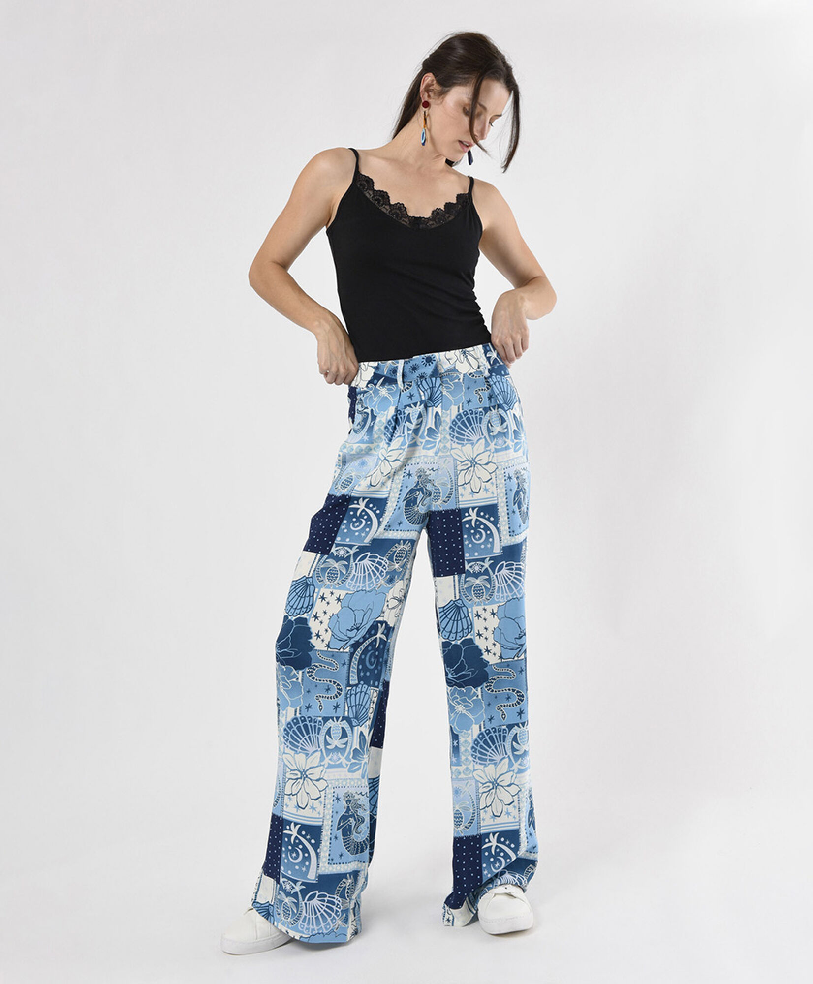 Pantalón mujer estampado marino wide Pantalón mujer estampado marino wide