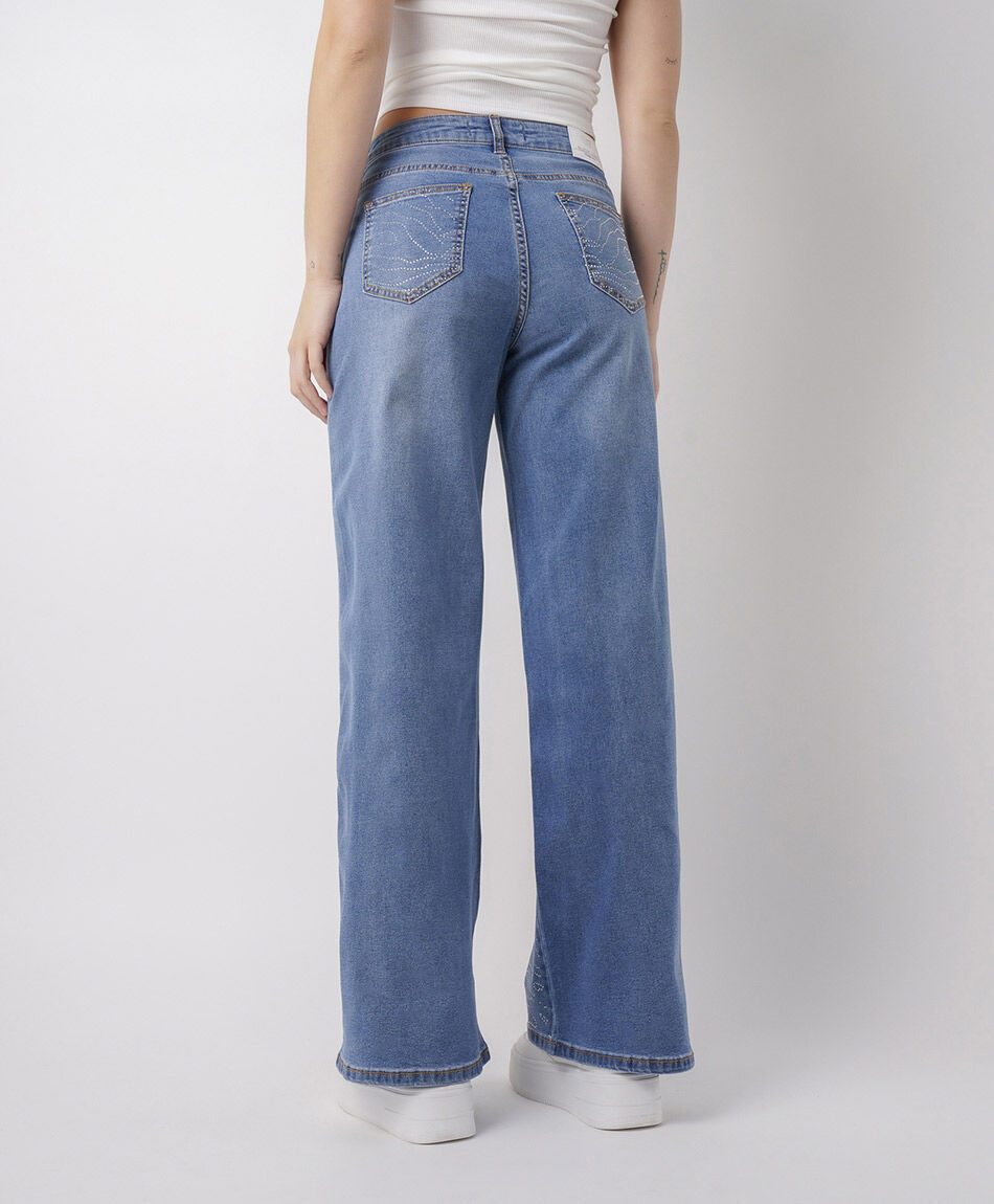 Jeans mujer wide leg dise&ntilde;o brillos