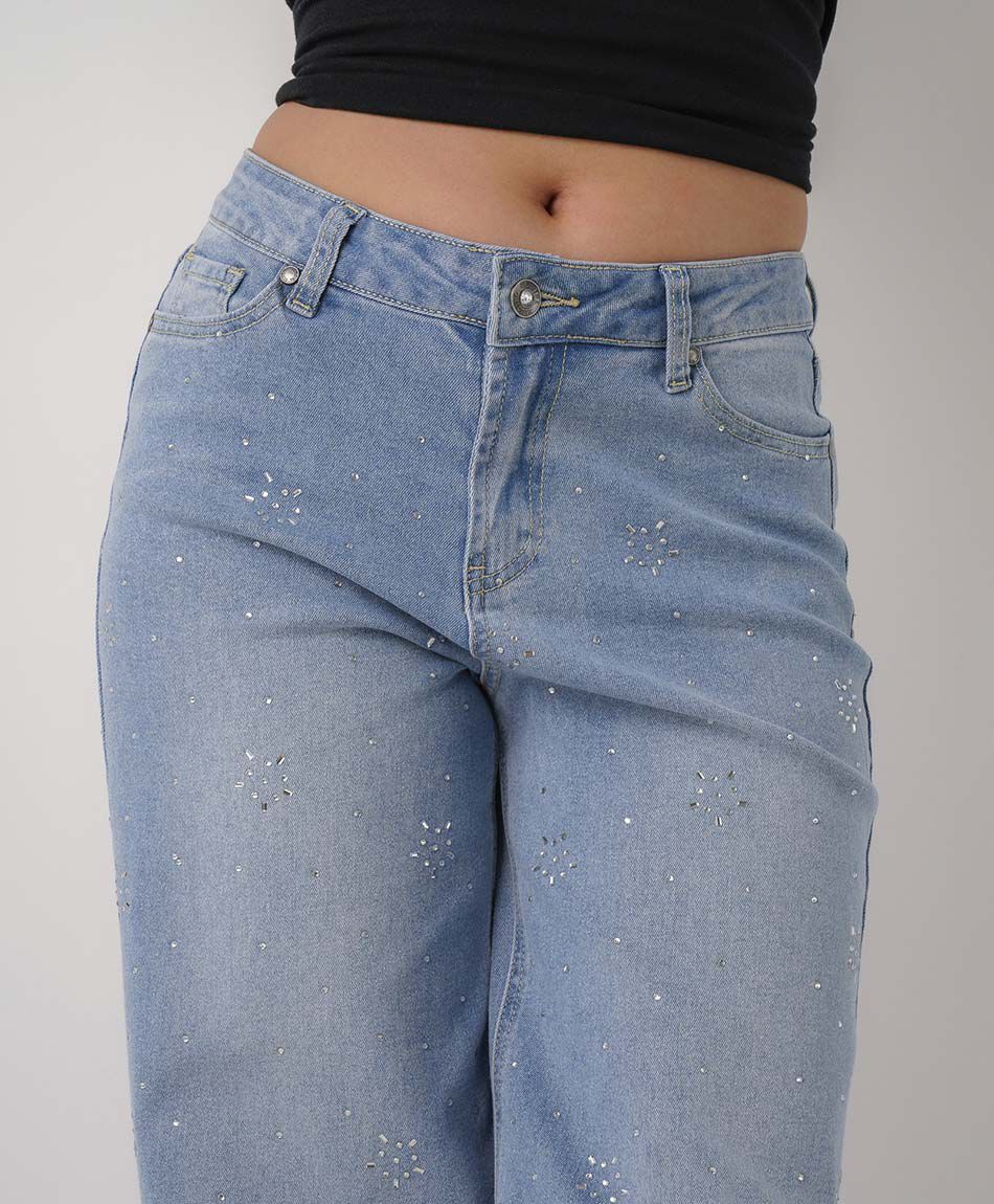 Jeans mujer wide leg estrellas brillos