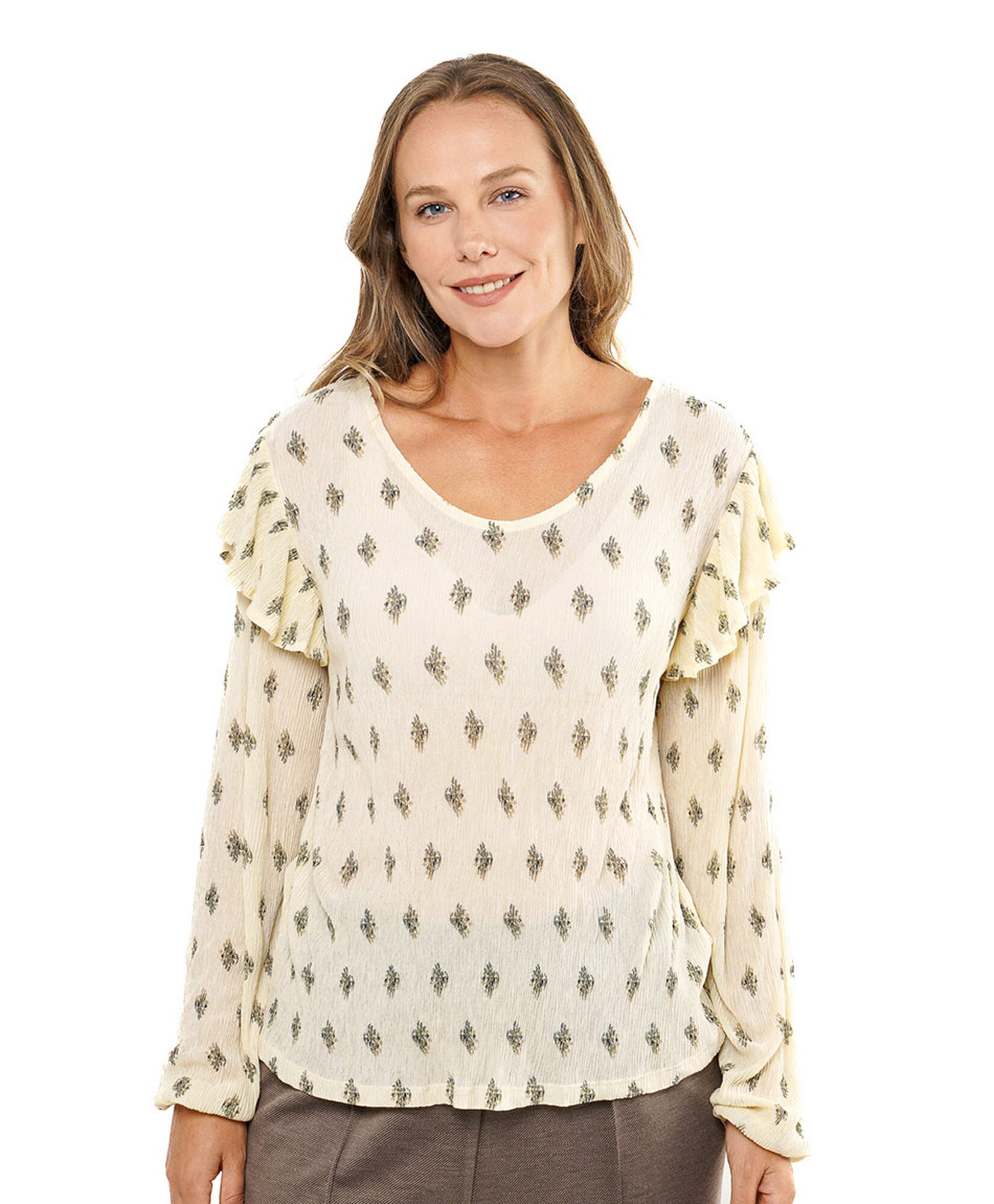 Polera mujer print vuelos en hombro Polera mujer print vuelos en hombro