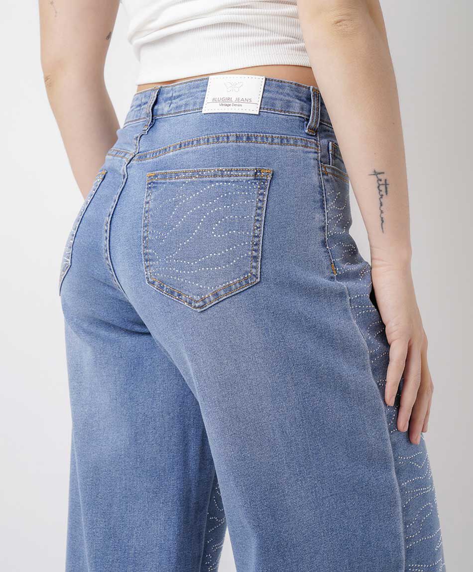 Jeans mujer wide leg dise&ntilde;o brillos