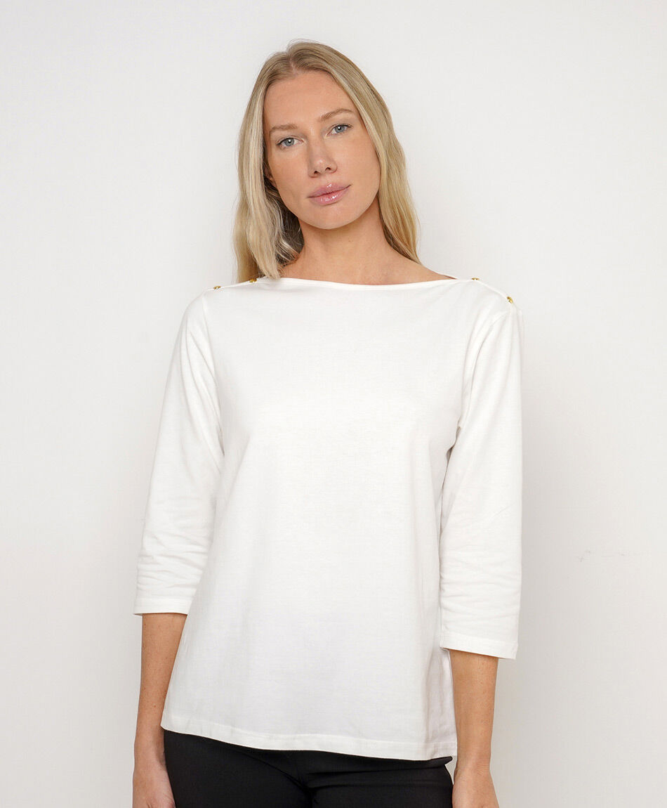 Polera mujer cuello bote botones blanca